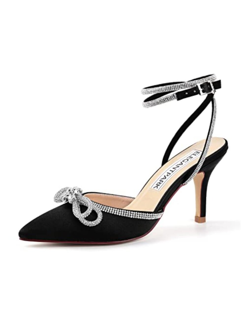 Elegantpark Satin Rhinestone Bow Heels Pointed Toe Stiletto Wedding Party Shoes